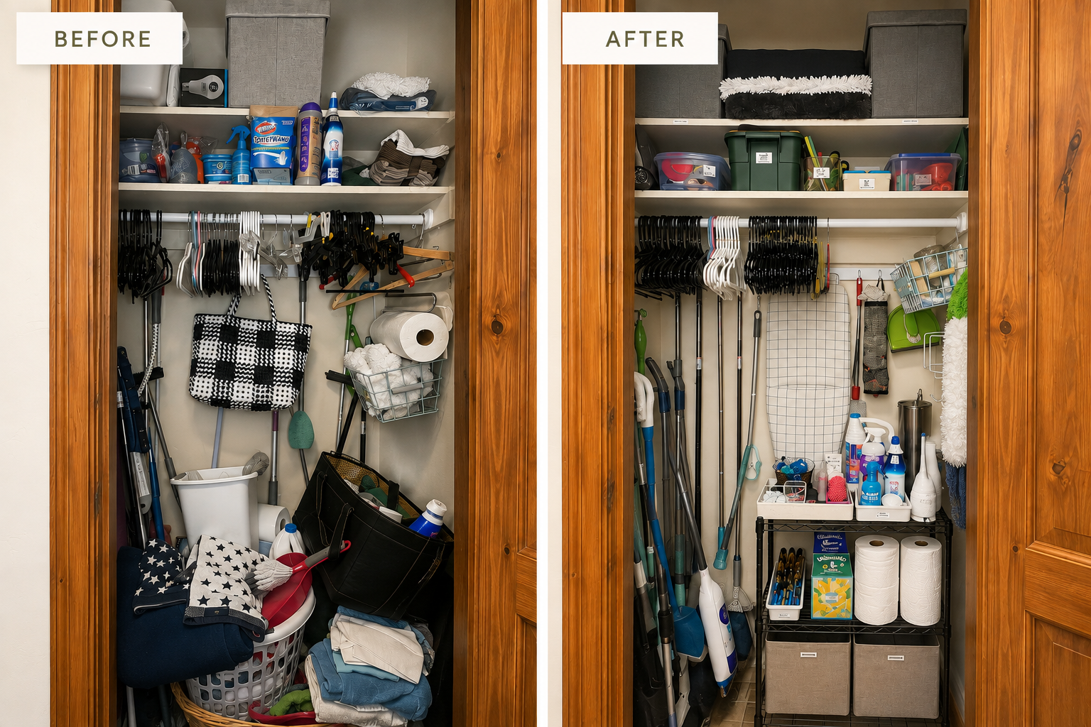 Before and after of an organized utility storage closet